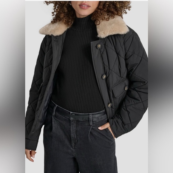 DKNY crop culted black Jacket with Faux Fur Trim/size L - Picture 7 of 7